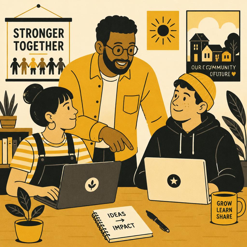 A mentor guiding two learners at their laptops
